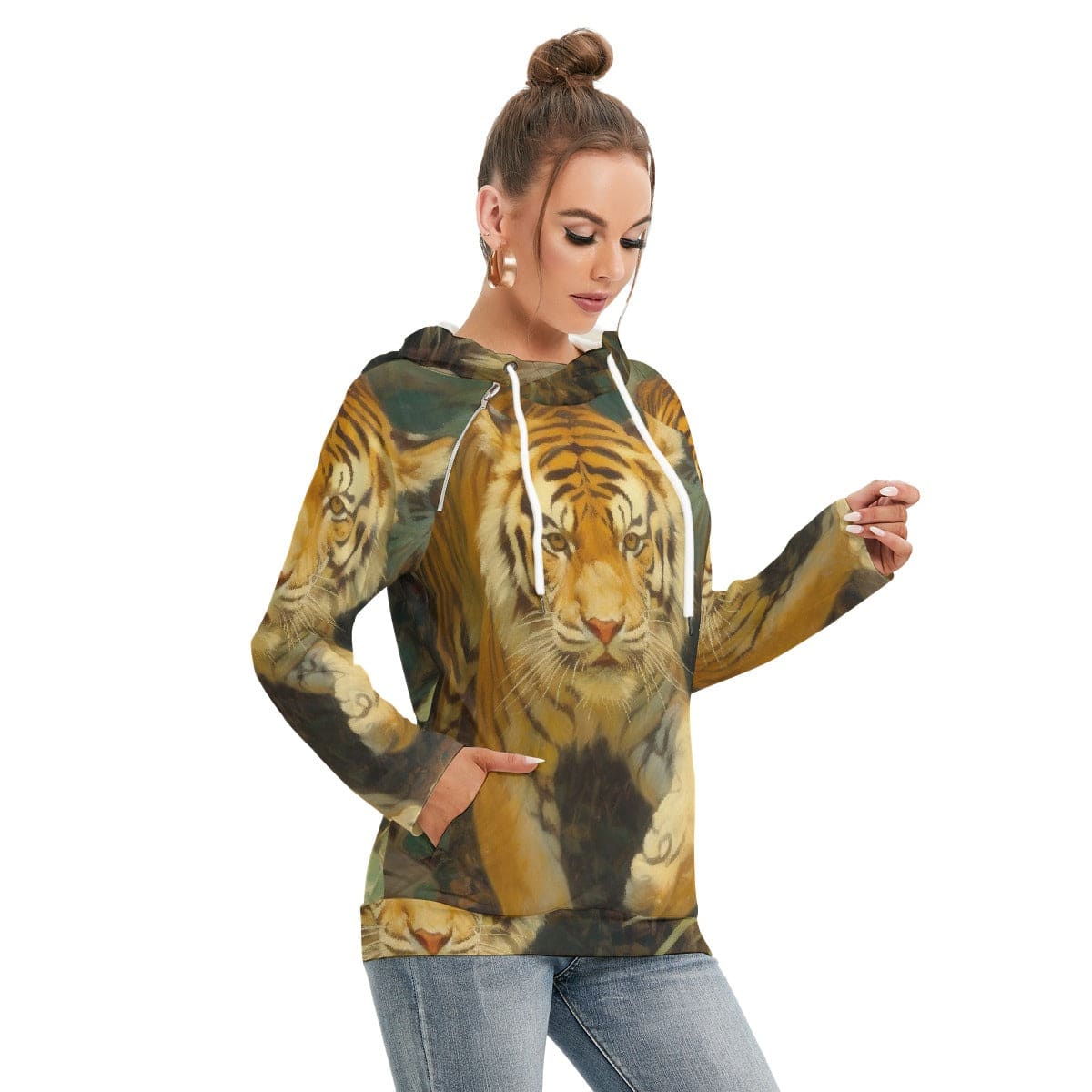 Tiger Print Hoodie With Double Hood