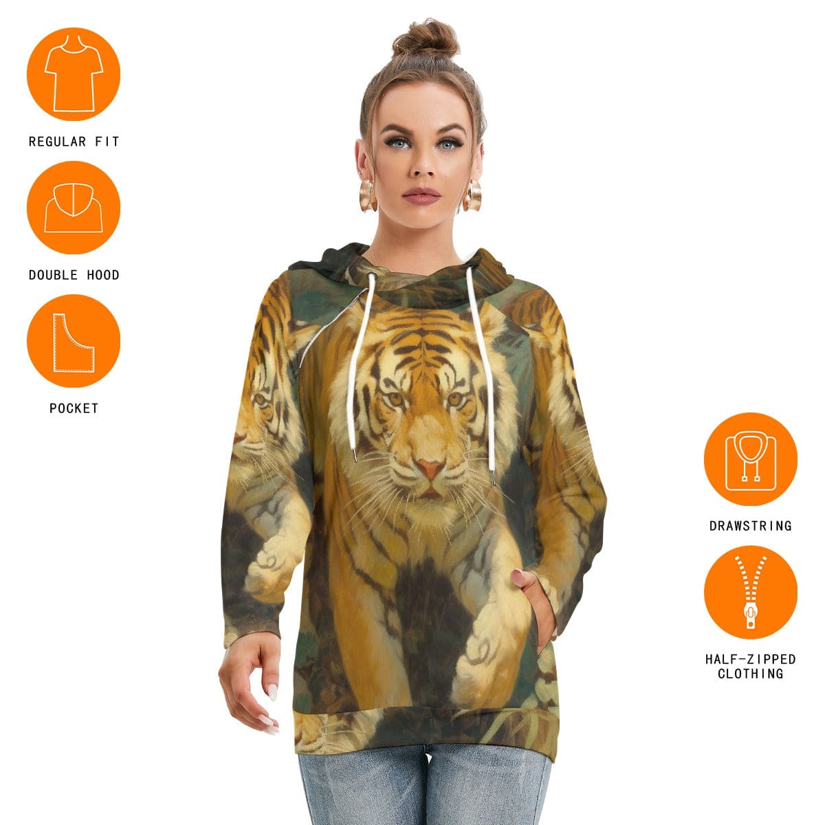 Tiger Print Hoodie With Double Hood