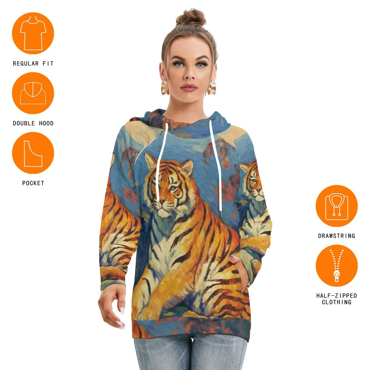 Tiger Print Women’s Hoodie With Double Hood