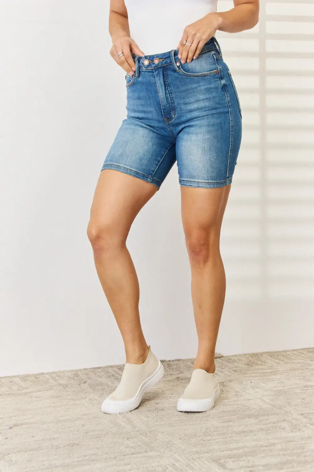 Tummy Control Double Button Denim Shorts - Eclectage
