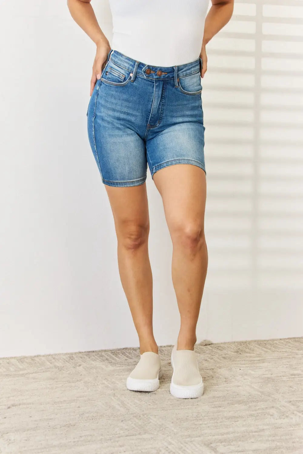 Tummy Control Double Button Denim Shorts - Eclectage