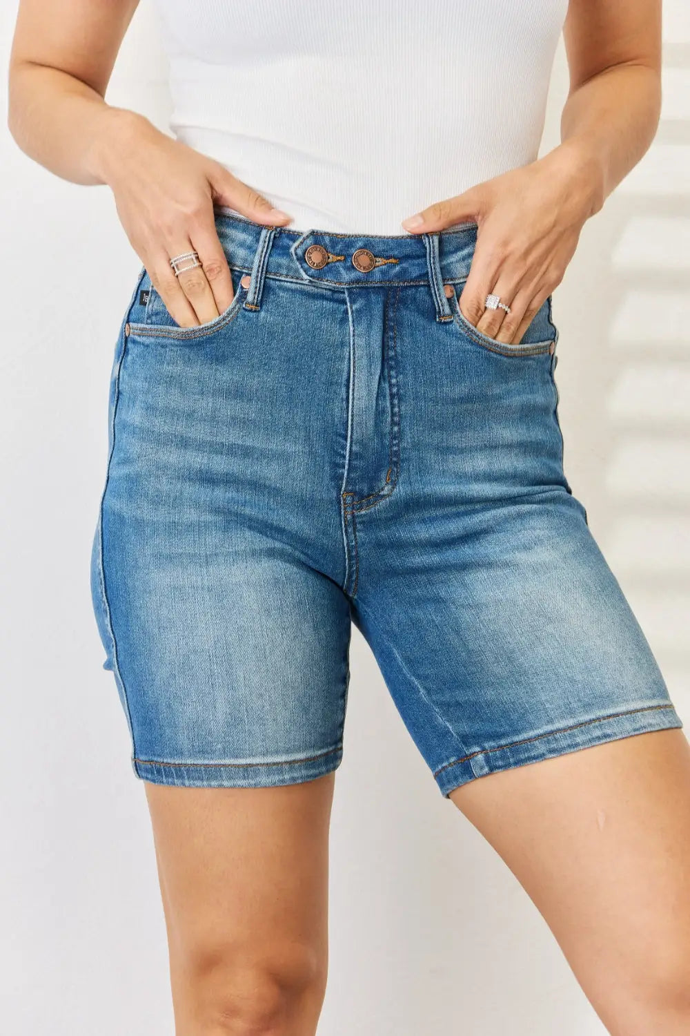 Tummy Control Double Button Denim Shorts - Eclectage