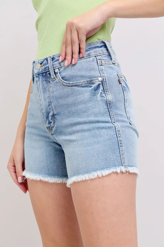 Tummy Control Raw Hem Denim Shorts - Denim Shorts