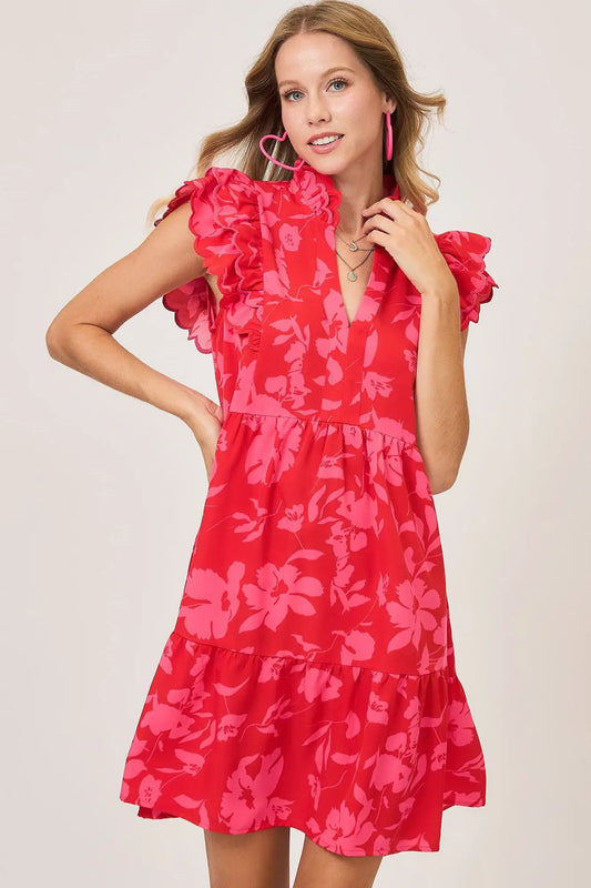 Two Tone Floral Print Ruffle Cap Sleeve Mini Dress Plus Size - Eclectage