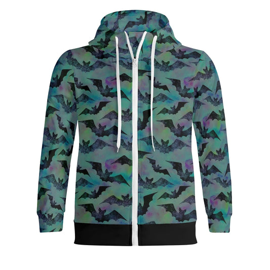 Bats Zip Up Sweatshirt with Tie Dye Teal and Purple - S to 5X