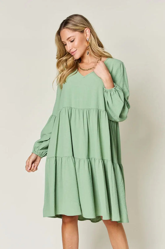 V-Neck Balloon Sleeve Tiered Dress with Pockets - Eclectage