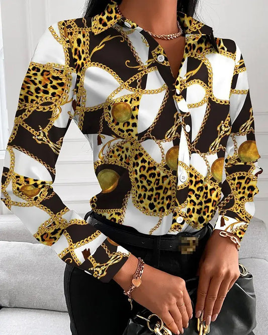 V-neck button printed shirt