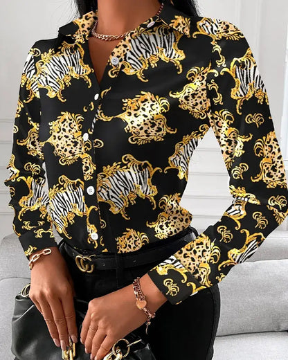 V-neck button printed shirt