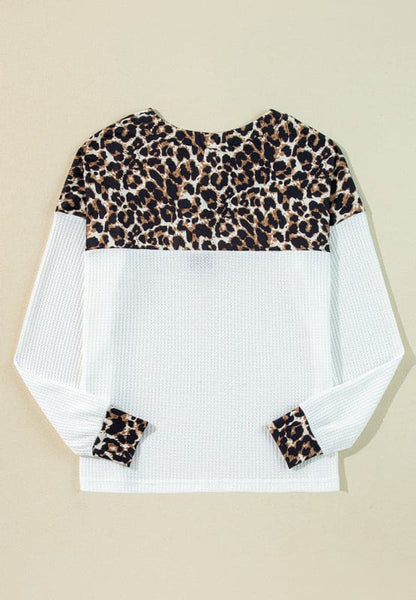 Waffle-Knit Leopard V-Neck Long Sleeve Blouse