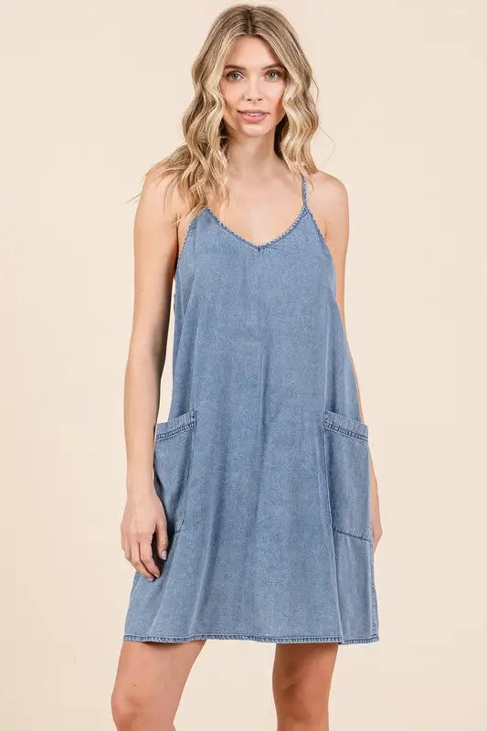 Mittoshop Washed Patch Pocket Mini Cami Denim Dress - Eclectage