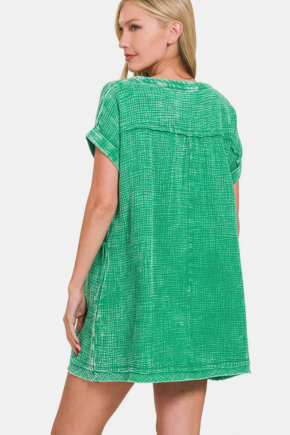 Washed Notched Short Sleeve Mini Dress - Eclectage