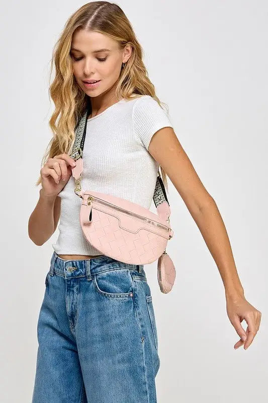 Weave Textured Crossbody Bag with Coin Purse - Crossbody Bags