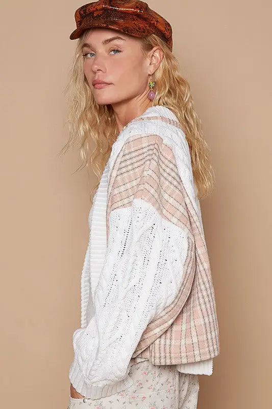 White Cable-Knit Plaid Button Up Cardigan - Eclectage