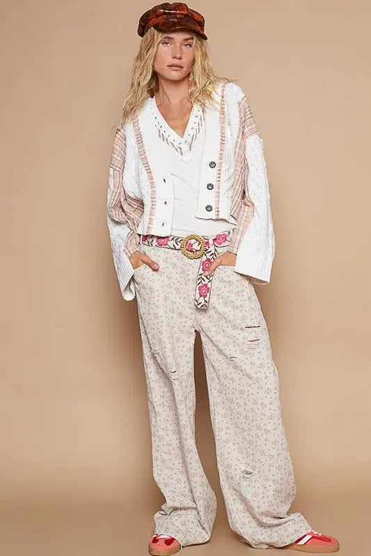 White Cable-Knit Plaid Button Up Cardigan - Eclectage