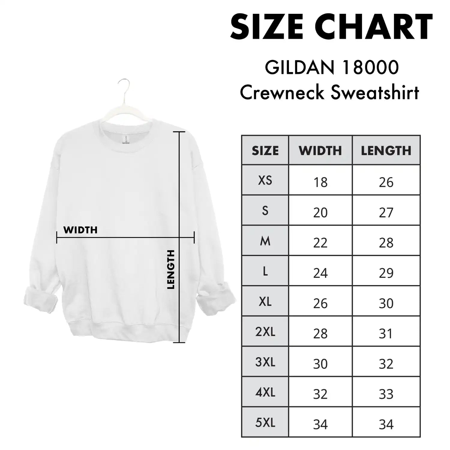 White crewneck sweatshirt with measurement dimensions shown.