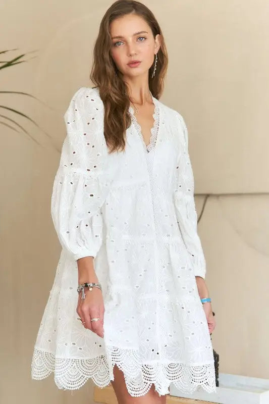 Lace Detail Tiered Eyelet Babydoll Dress - Eclectage