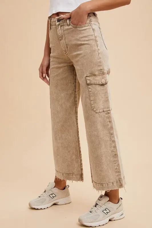 Raw Hem Wide Leg Jeans with Cargo Pockets - Eclectage