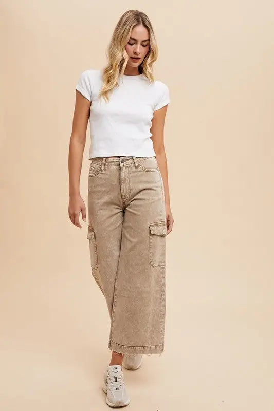 Raw Hem Wide Leg Jeans with Cargo Pockets - Eclectage