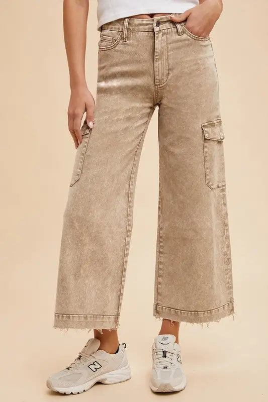 Raw Hem Wide Leg Jeans with Cargo Pockets - Eclectage