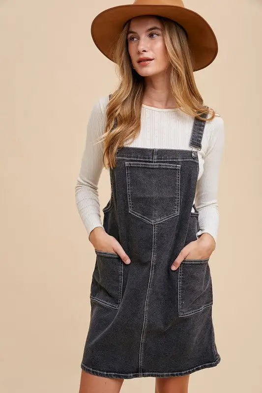 Wide Strap Black Denim Overall Dress - Eclectage