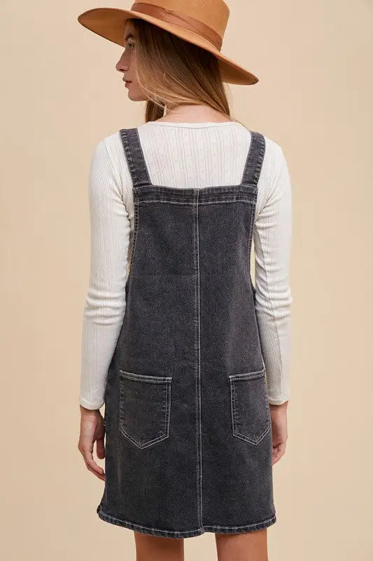 Wide Strap Black Denim Overall Dress - Eclectage