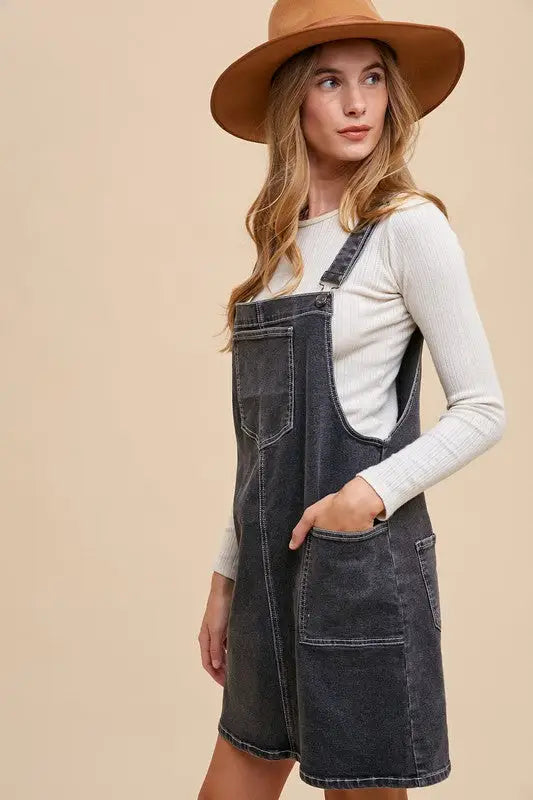 Wide Strap Black Denim Overall Dress - Eclectage
