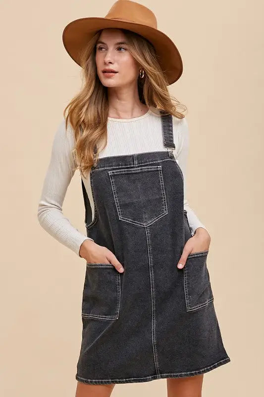 Wide Strap Black Denim Overall Dress - Eclectage