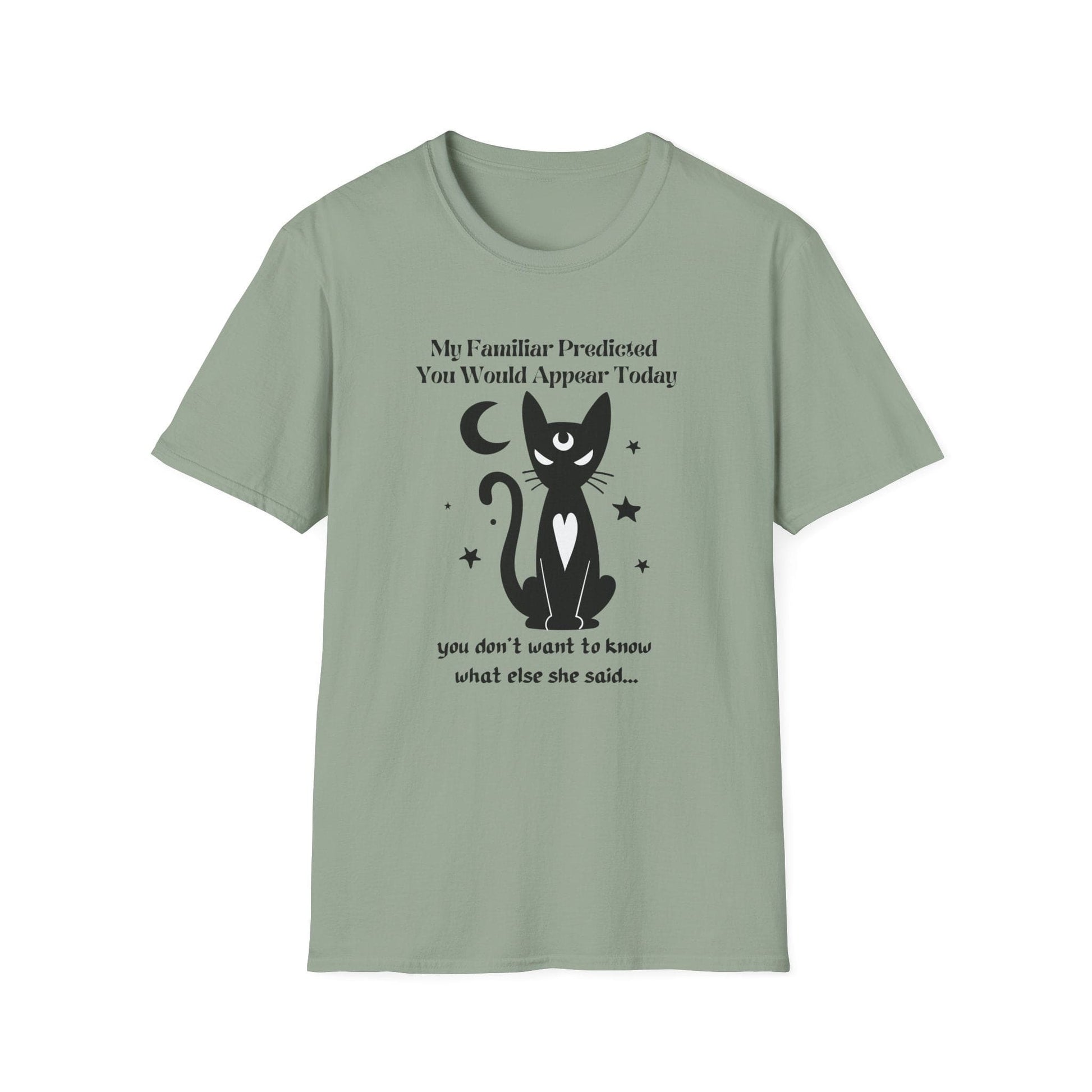 Witchy Psychic Familiar Cat T-Shirt with Funny Conversation Prompting Text - Halloween or Gothic Tee