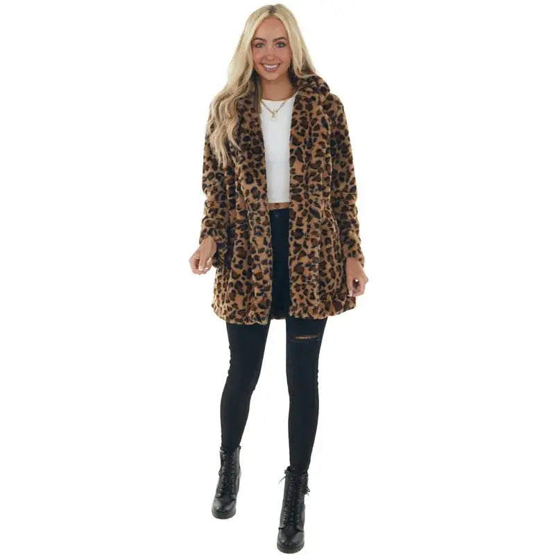 Women’s Leopard Print Faux Fur Long Jacket