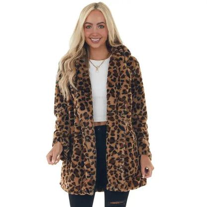 Women’s Leopard Print Faux Fur Long Jacket