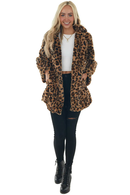 Women’s Leopard Print Faux Fur Long Jacket