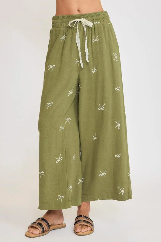 Umgee Full Size Lace Drawstring Embroidered Bow Wide Leg Pants Plus Size - Eclectage