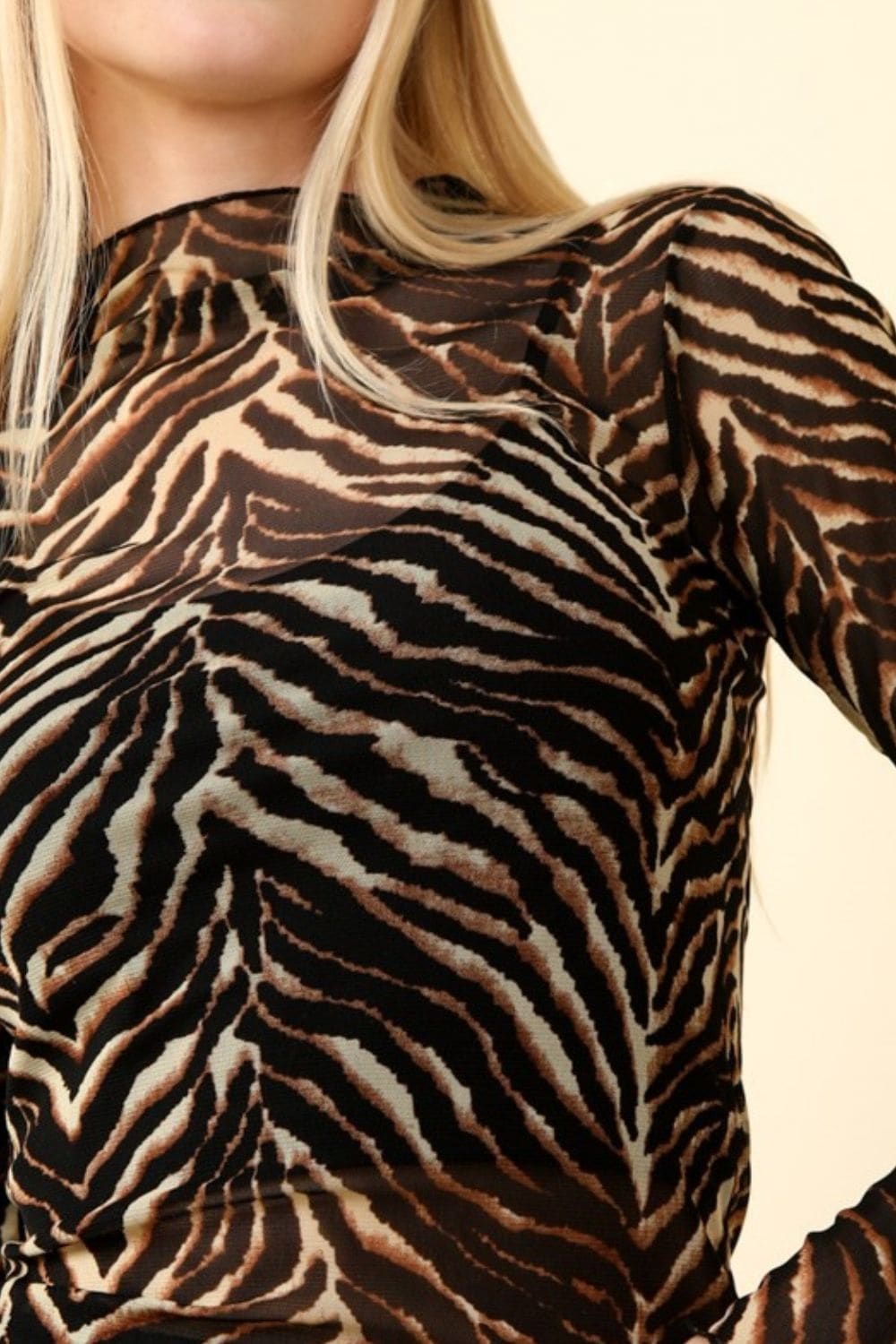 Zebra Print Mock Neck Sheer Mesh Blouse