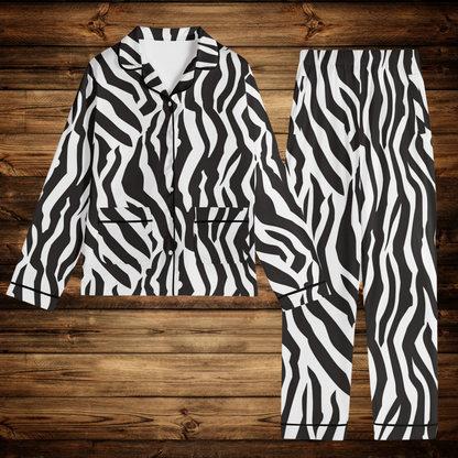 Zebra print pajamas front view and black piping details option