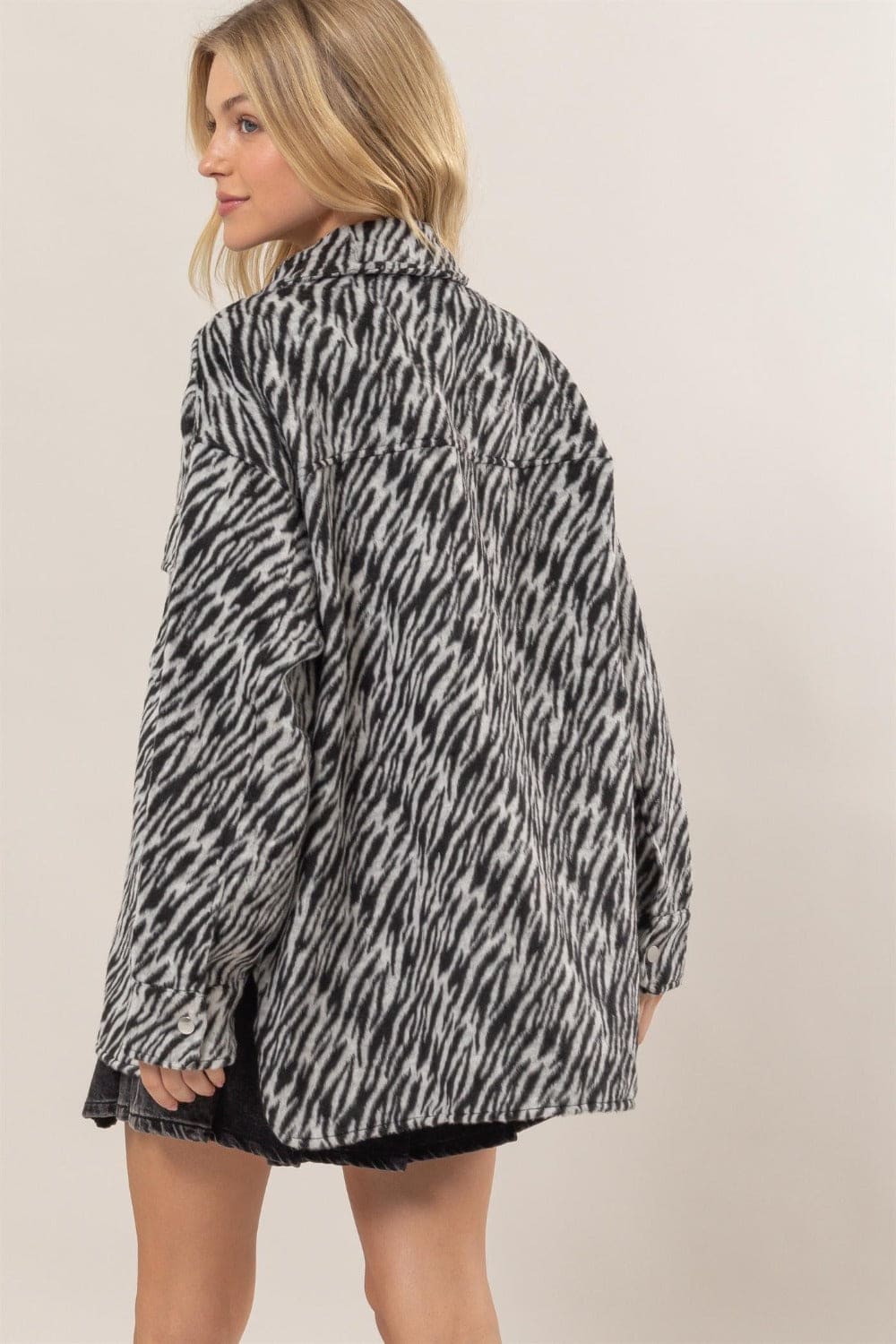 Zebra Print Snap Down Long Sleeve Shacket