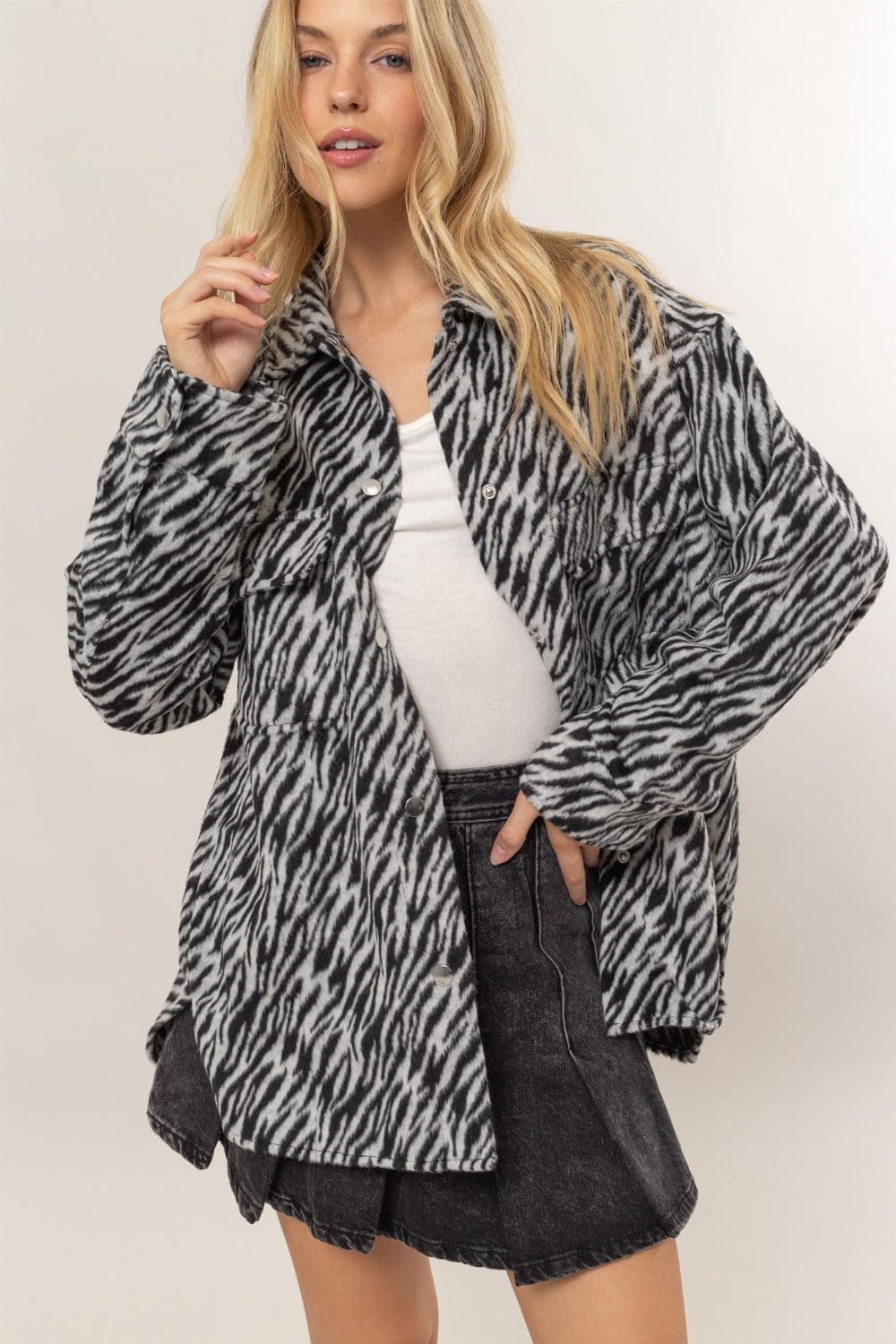 Zebra Print Snap Down Long Sleeve Shacket